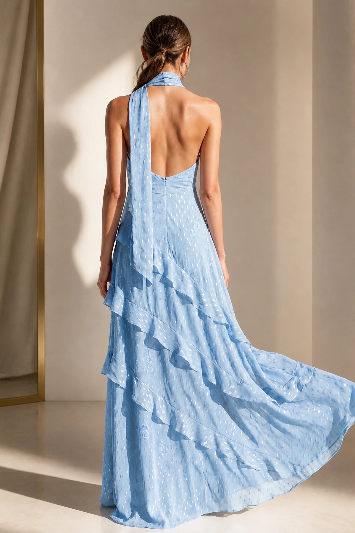 Romantic A-Line Scarf Halter Sleeveless Backless Floor-Length Wedding Guest Dress
