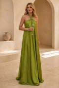 Graceprom olive green bridesmaid dress, halter knotted neck a-line satin maxi gown for wedding bridal party
