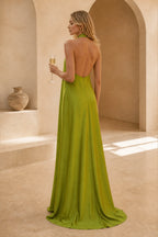 Graceprom olive green bridesmaid gown, halter deep open back satin long dress back view