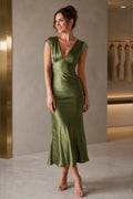Olive green satin wedding guest midi dress with deep V-neck and cap sleeves by GraceProm