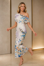 Floral Print Sheath One Shoulder Off Shoulder Zipper-Back Midi Wedding Guest Dress