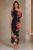 Floral Print Sheath One Shoulder Off Shoulder Zipper-Back Midi Wedding Guest Dress