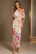Floral Print Sheath One Shoulder Off Shoulder Zipper-Back Midi Wedding Guest Dress