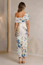 Floral Print Sheath One Shoulder Off Shoulder Zipper-Back Midi Wedding Guest Dress