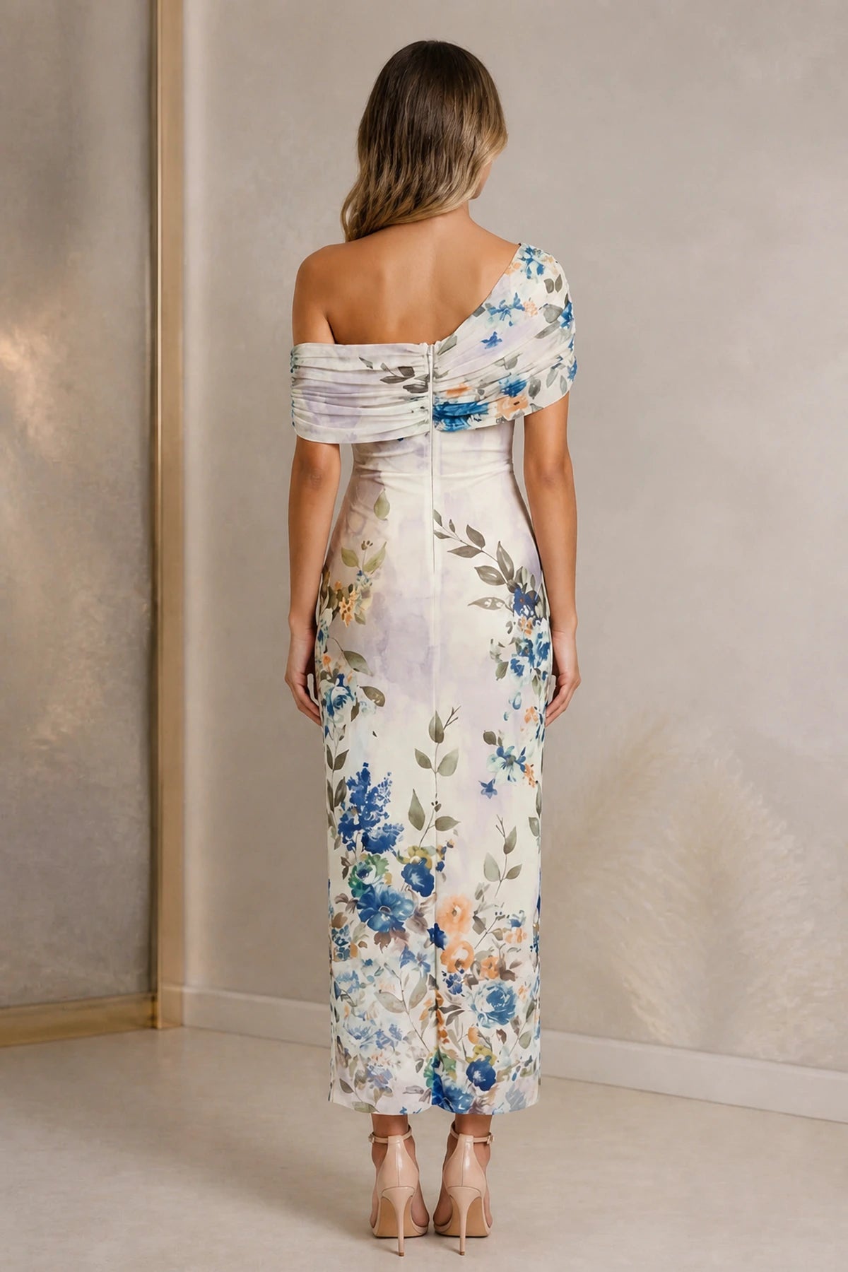 Floral Print Sheath One Shoulder Off Shoulder Zipper-Back Midi Wedding Guest Dress