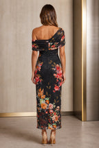Floral Print Sheath One Shoulder Off Shoulder Zipper-Back Midi Wedding Guest Dress