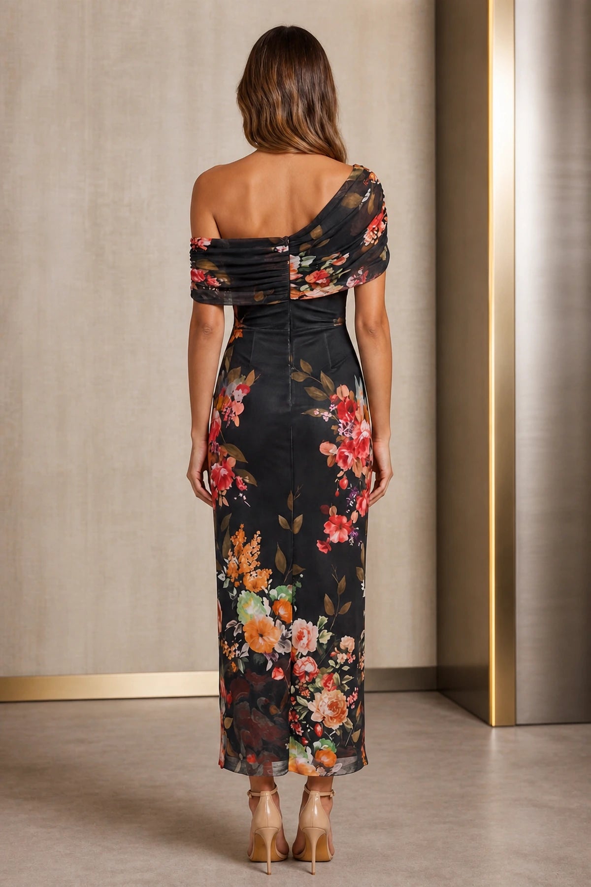 Floral Print Sheath One Shoulder Off Shoulder Zipper-Back Midi Wedding Guest Dress