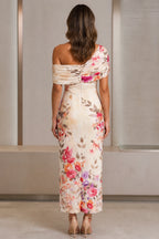 Floral Print Sheath One Shoulder Off Shoulder Zipper-Back Midi Wedding Guest Dress