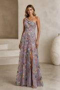 One shoulder floral embroidered A-line wedding guest dress with front slit