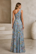 Romantic A-Line One-Shoulder Floral Embroidered Floor-Length Wedding Guest Dress