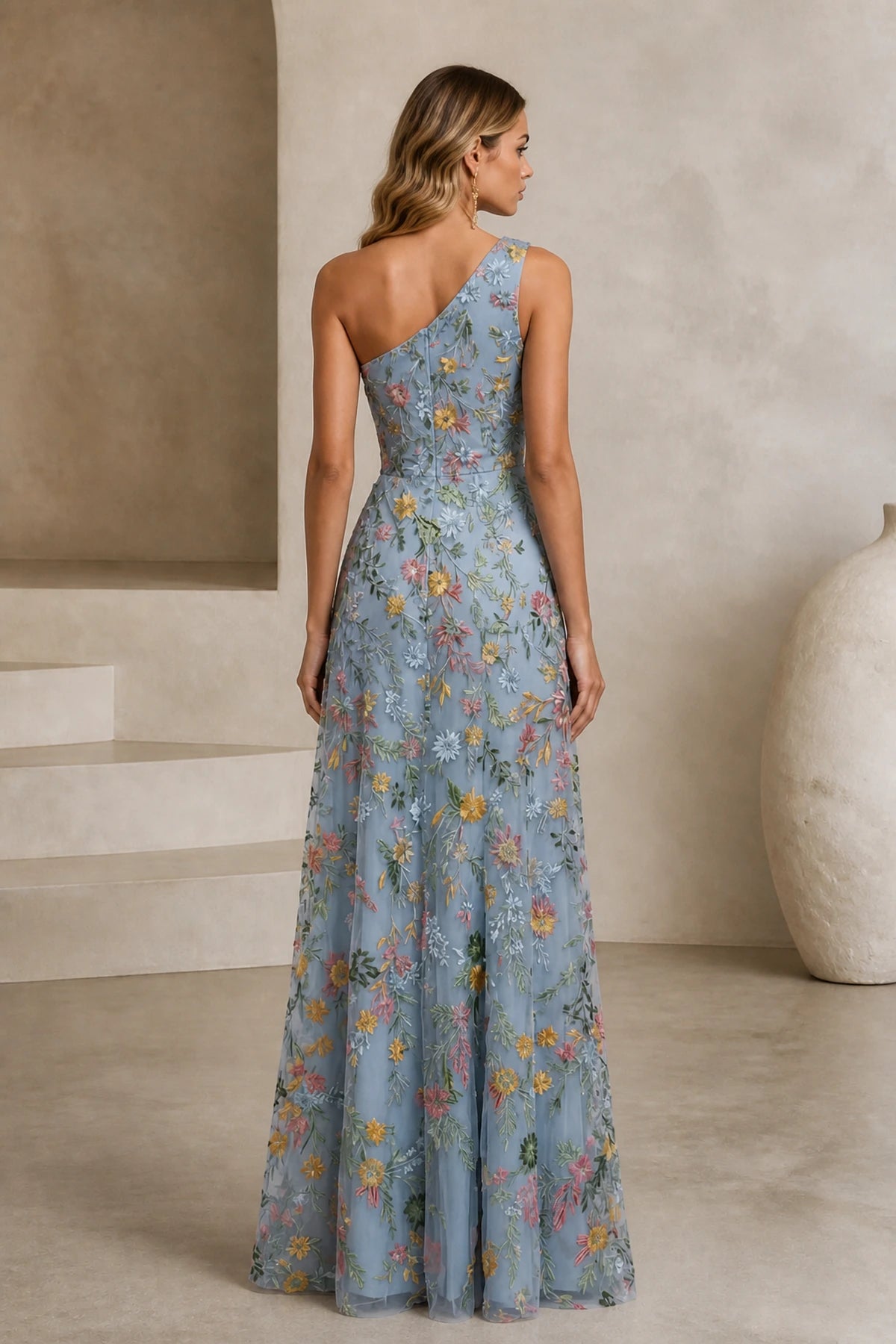 Romantic A-Line One-Shoulder Floral Embroidered Floor-Length Wedding Guest Dress
