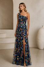 Romantic A-Line One-Shoulder Floral Embroidered Floor-Length Wedding Guest Dress