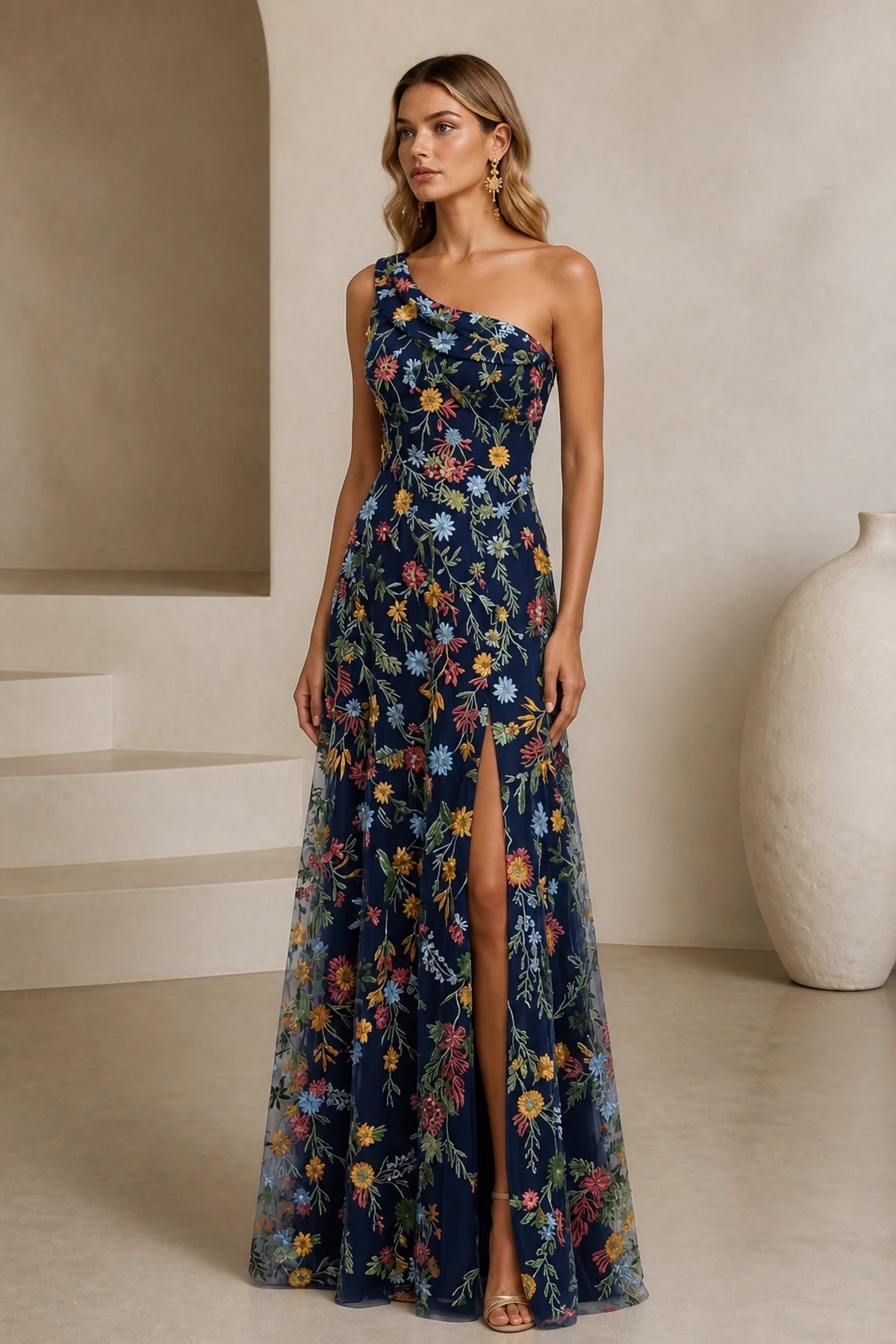 Romantic A-Line One-Shoulder Floral Embroidered Floor-Length Wedding Guest Dress