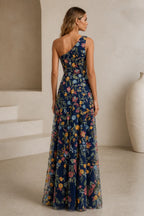 Romantic A-Line One-Shoulder Floral Embroidered Floor-Length Wedding Guest Dress