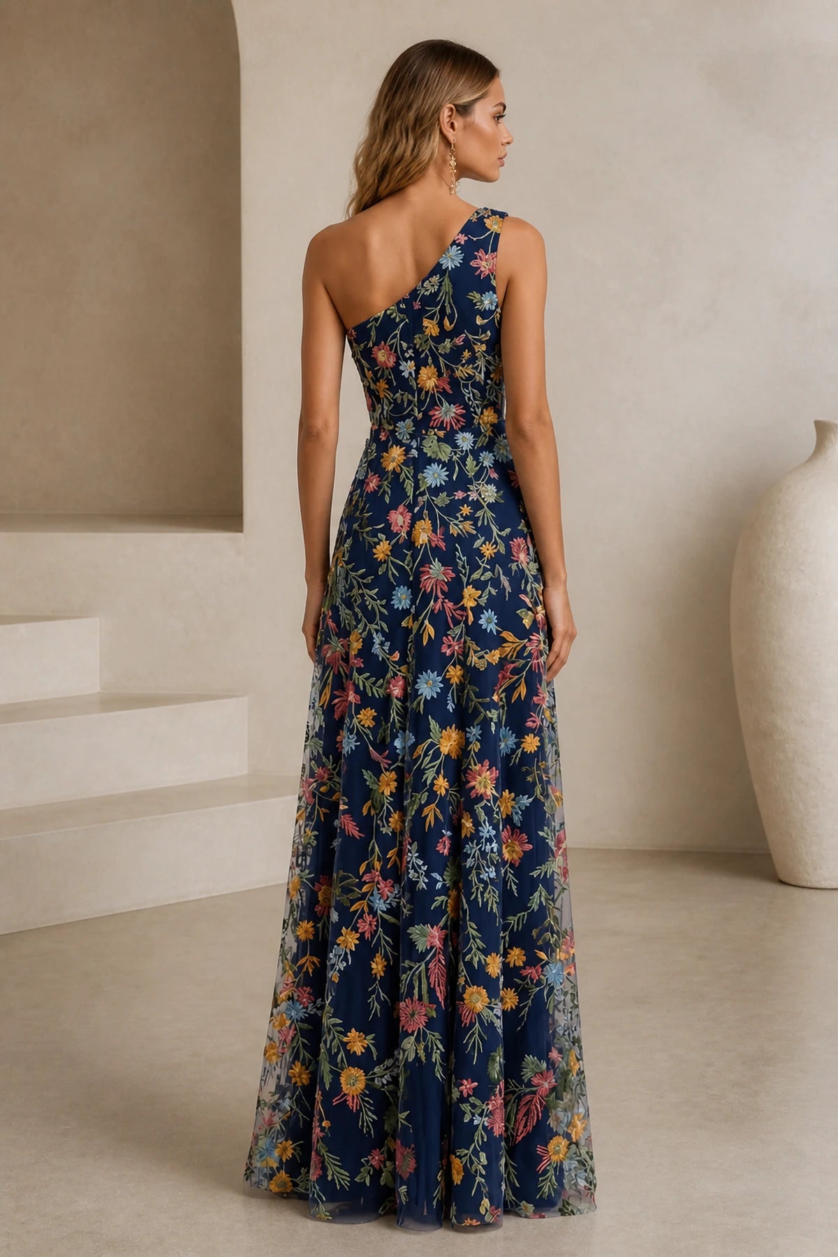Romantic A-Line One-Shoulder Floral Embroidered Floor-Length Wedding Guest Dress