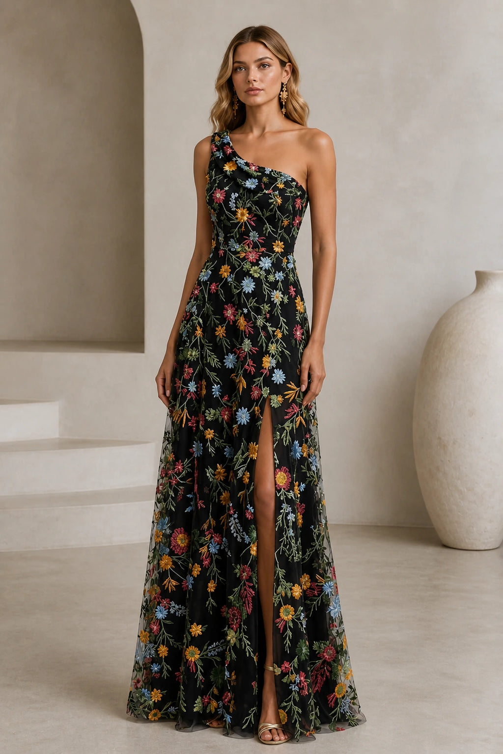 Romantic A-Line One-Shoulder Floral Embroidered Floor-Length Wedding Guest Dress
