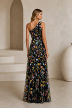 Romantic A-Line One-Shoulder Floral Embroidered Floor-Length Wedding Guest Dress