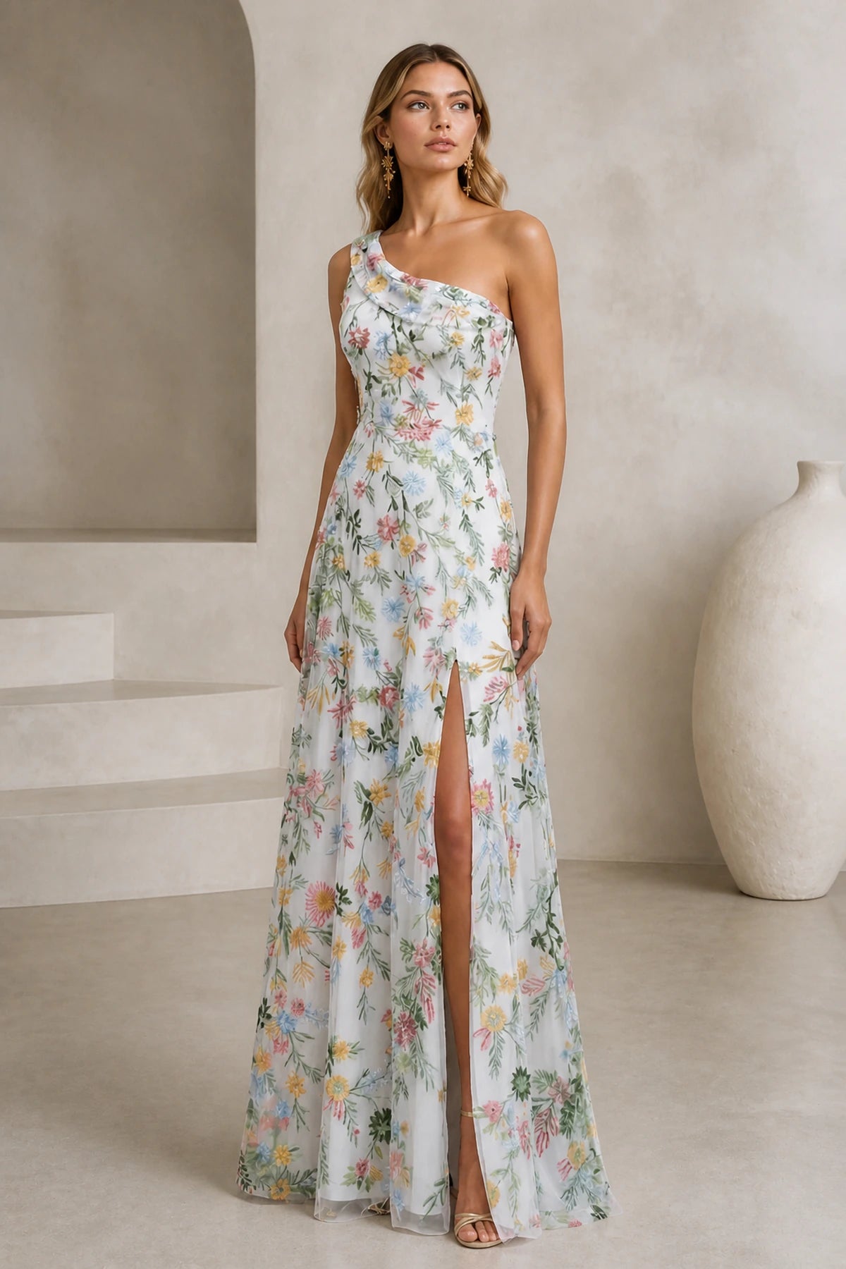 Romantic A-Line One-Shoulder Floral Embroidered Floor-Length Wedding Guest Dress
