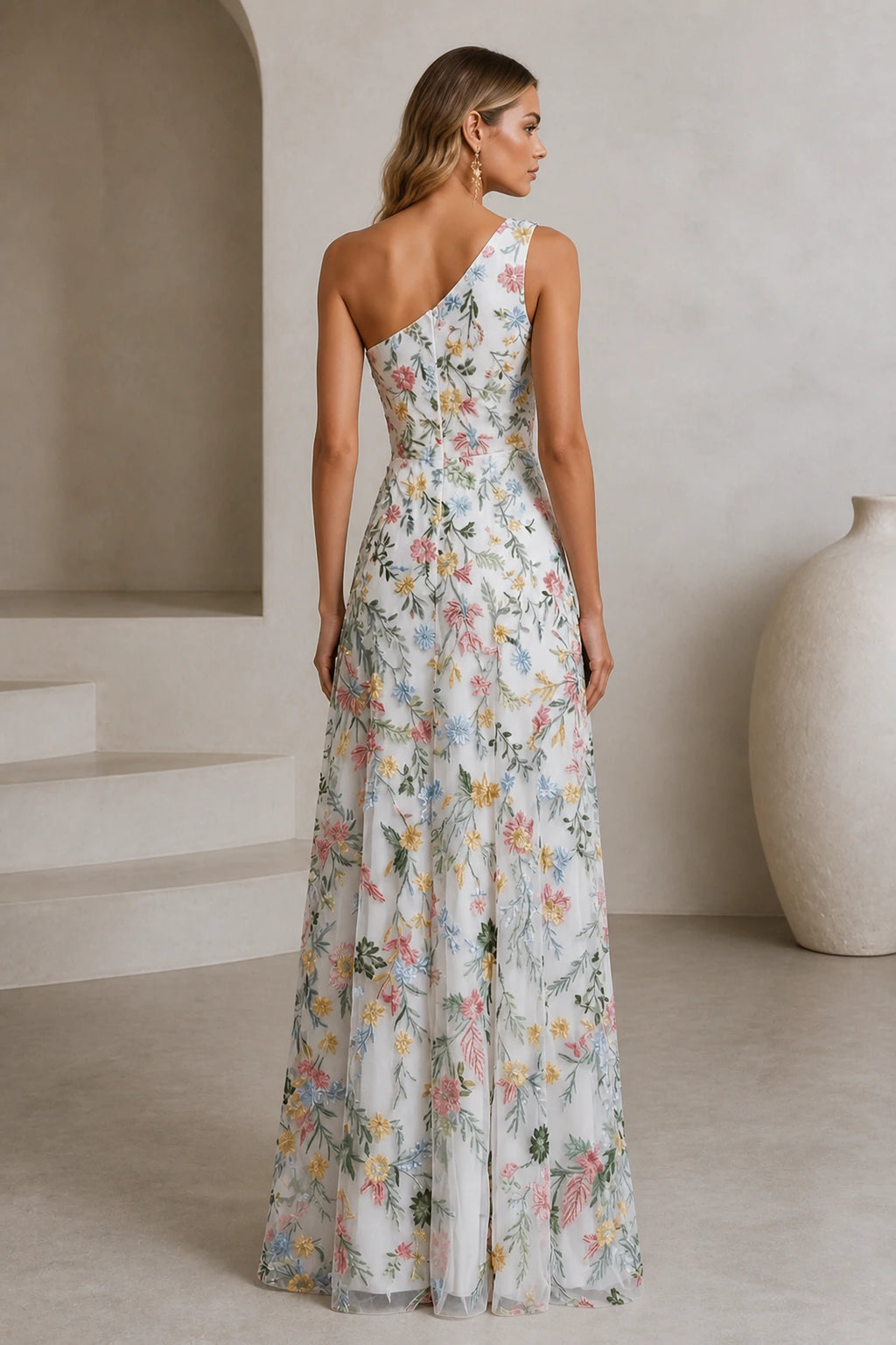 Romantic A-Line One-Shoulder Floral Embroidered Floor-Length Wedding Guest Dress