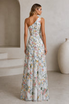 Romantic A-Line One-Shoulder Floral Embroidered Floor-Length Wedding Guest Dress