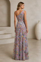 Back view of one shoulder floral embroidered floor length wedding guest dress