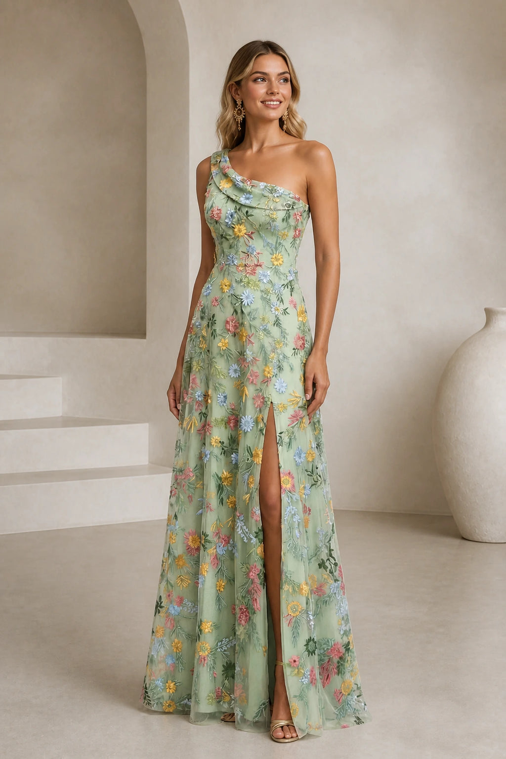 Romantic A-Line One-Shoulder Floral Embroidered Floor-Length Wedding Guest Dress