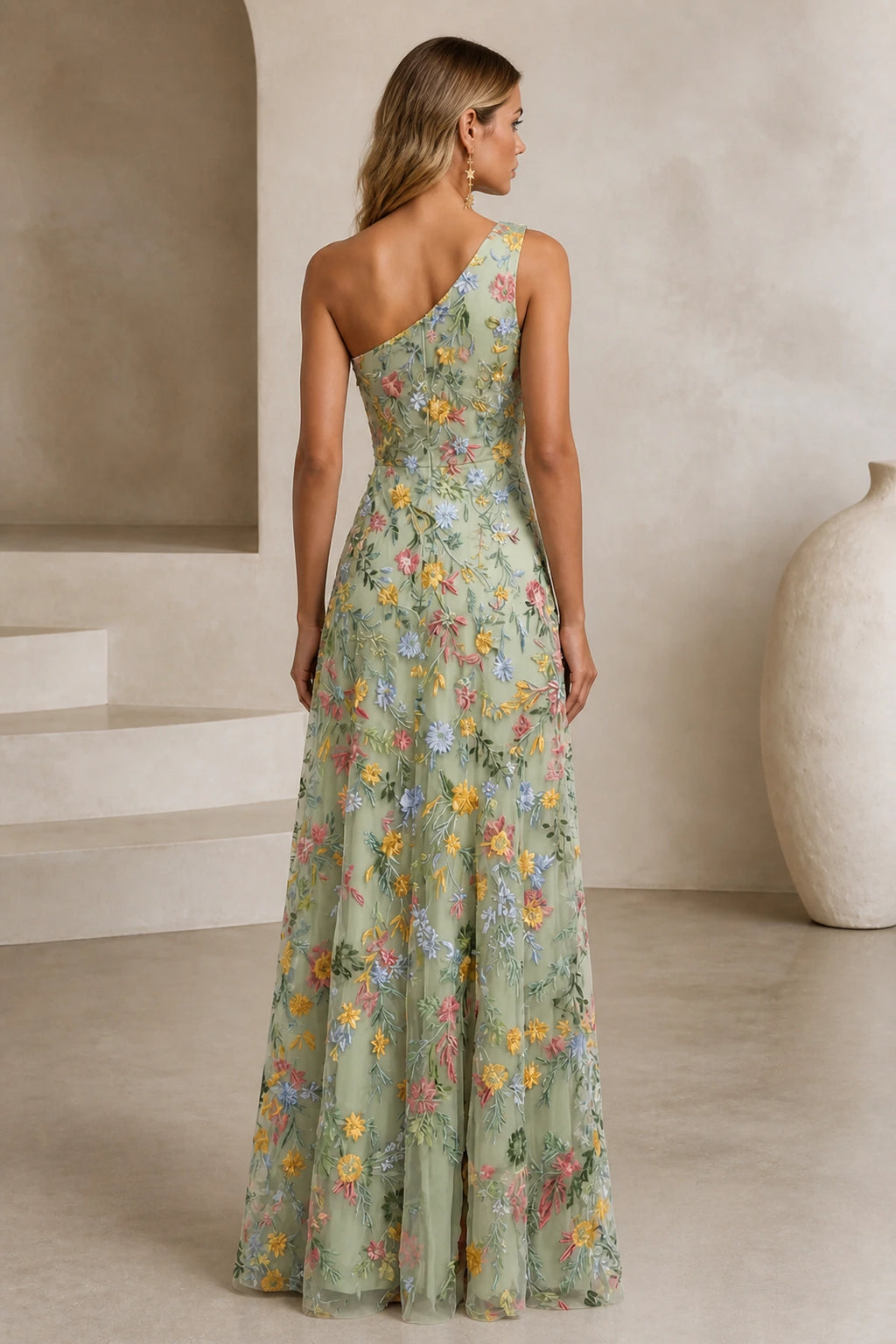 Romantic A-Line One-Shoulder Floral Embroidered Floor-Length Wedding Guest Dress