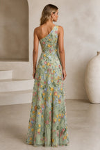 Romantic A-Line One-Shoulder Floral Embroidered Floor-Length Wedding Guest Dress