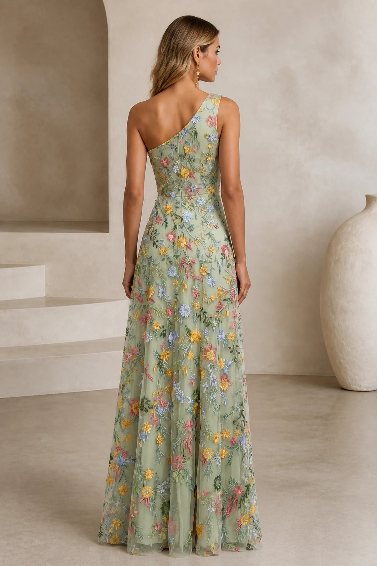 Romantic A-Line One-Shoulder Floral Embroidered Floor-Length Wedding Guest Dress
