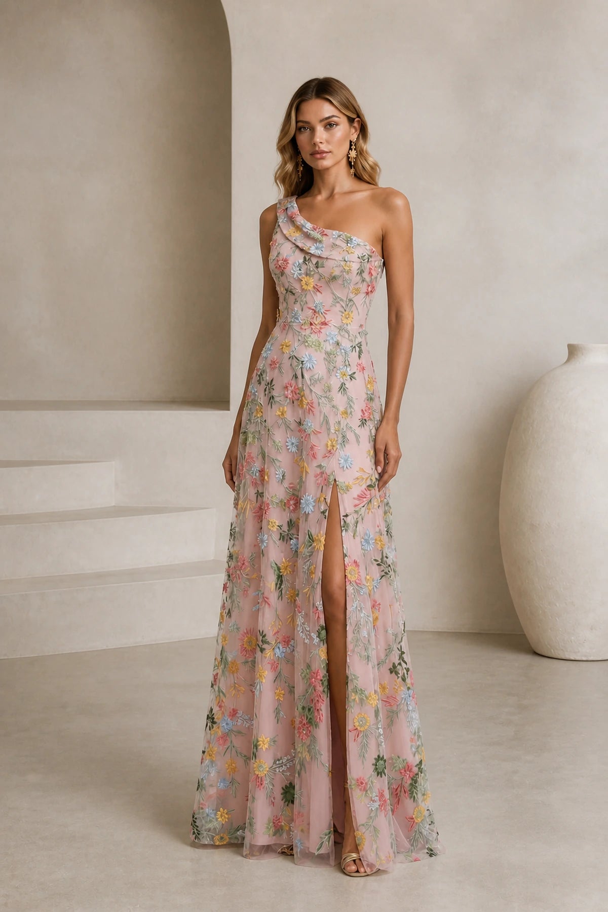 Romantic A-Line One-Shoulder Floral Embroidered Floor-Length Wedding Guest Dress