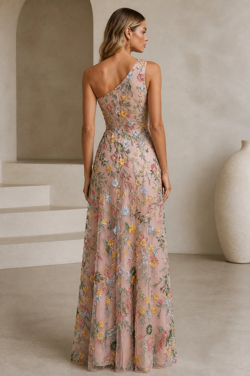 Romantic A-Line One-Shoulder Floral Embroidered Floor-Length Wedding Guest Dress