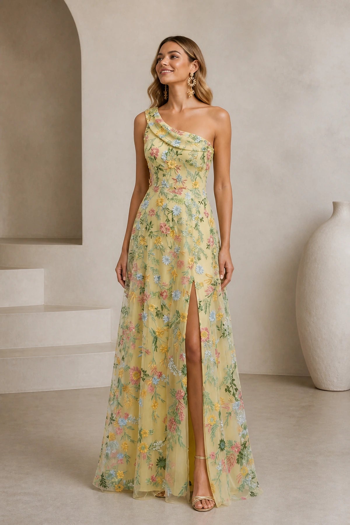 Romantic A-Line One-Shoulder Floral Embroidered Floor-Length Wedding Guest Dress