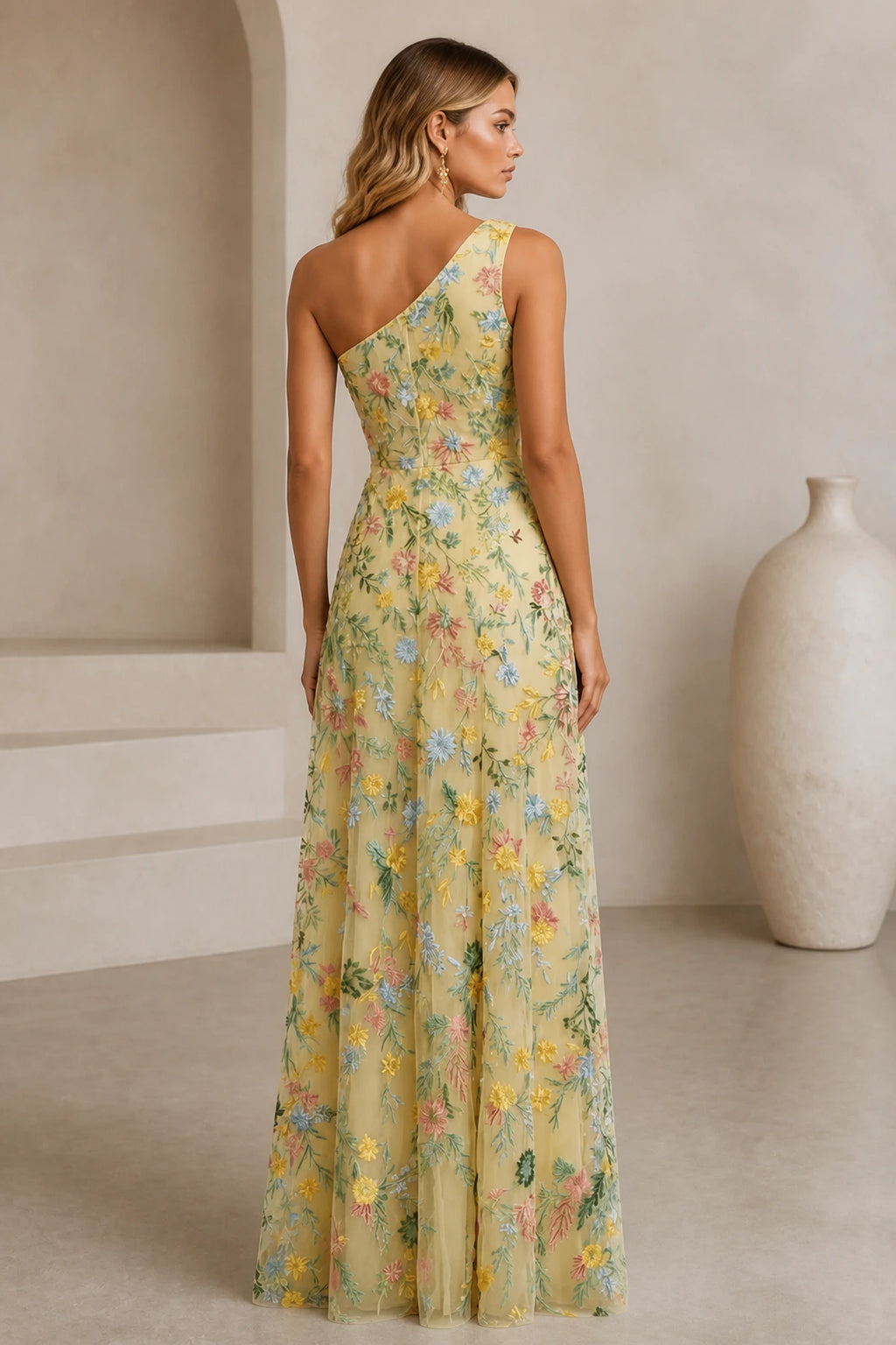 Romantic A-Line One-Shoulder Floral Embroidered Floor-Length Wedding Guest Dress
