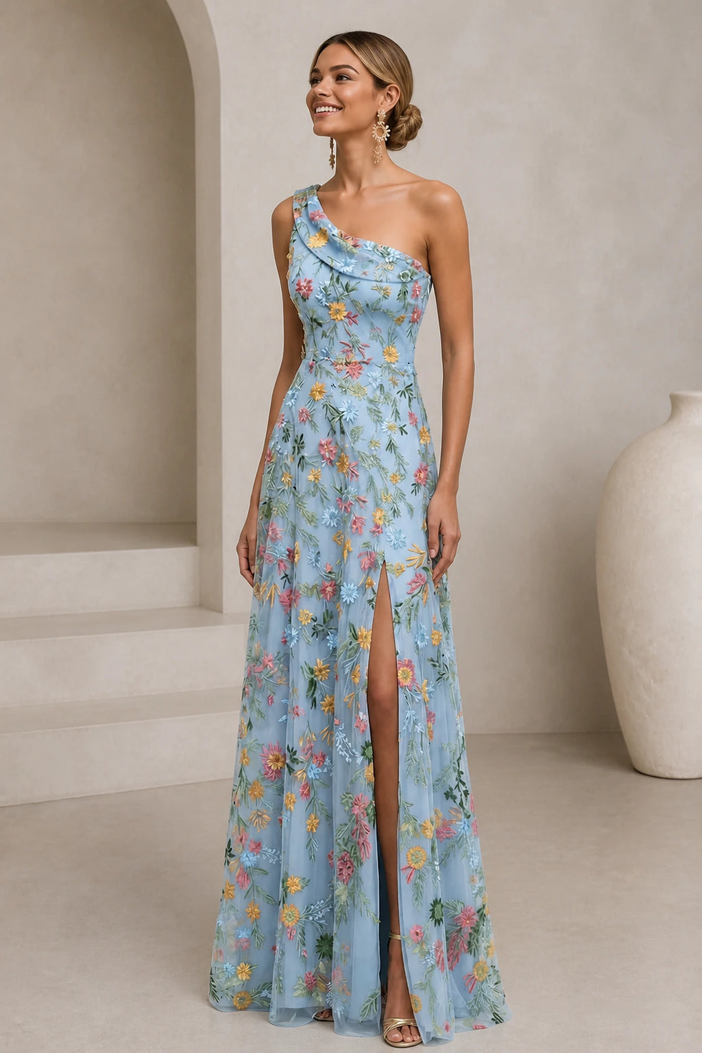 Romantic A-Line One-Shoulder Floral Embroidered Floor-Length Wedding Guest Dress