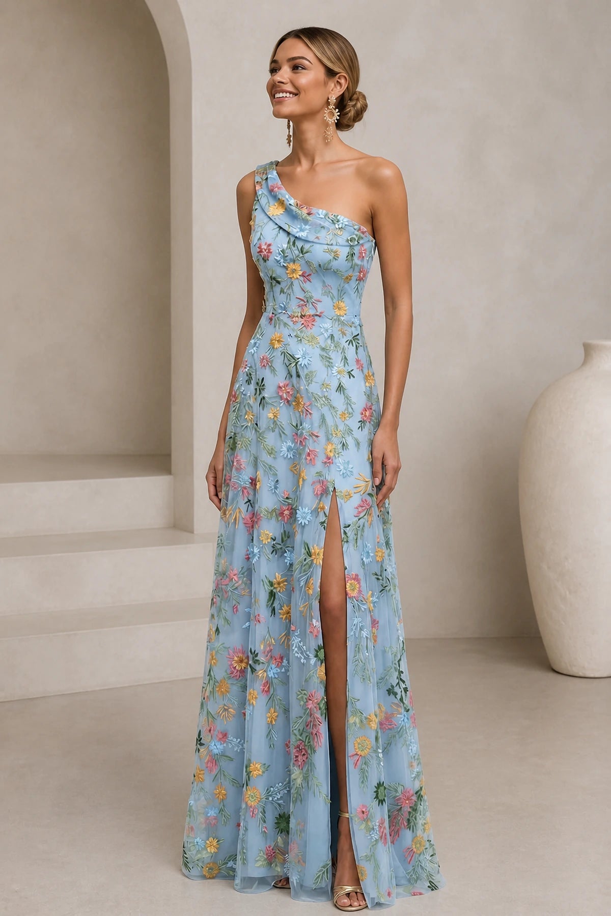 Romantic A-Line One-Shoulder Floral Embroidered Floor-Length Wedding Guest Dress