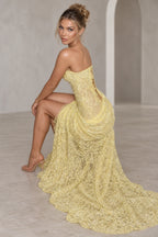 Back view of Graceprom pale yellow lace mermaid prom dress with corset lace-up back and train