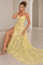 Soft Yellow Mermaid Strapless Sweetheart Corset Back Lace Long Prom Dress