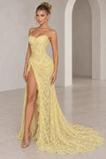 Front view of Graceprom pale yellow lace mermaid prom dress with high slit and strapless sweetheart neckline