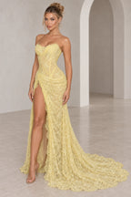 Front view of Graceprom pale yellow lace mermaid prom dress with high slit and strapless sweetheart neckline
