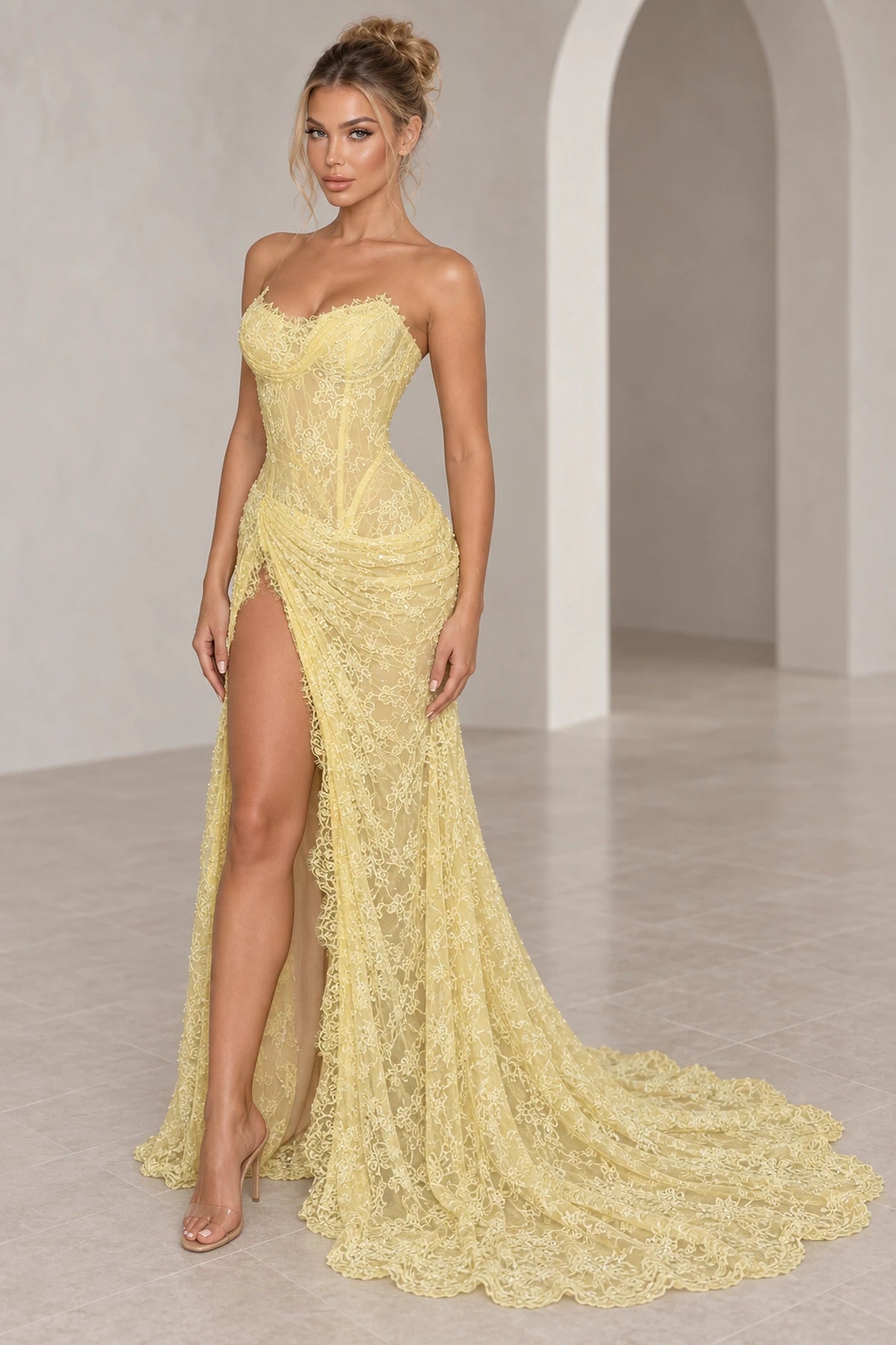 Front view of Graceprom pale yellow lace mermaid prom dress with high slit and strapless sweetheart neckline