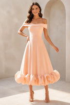 Graceprom peach off-the-shoulder a-line midi bridesmaid dress with dramatic ruffled hem