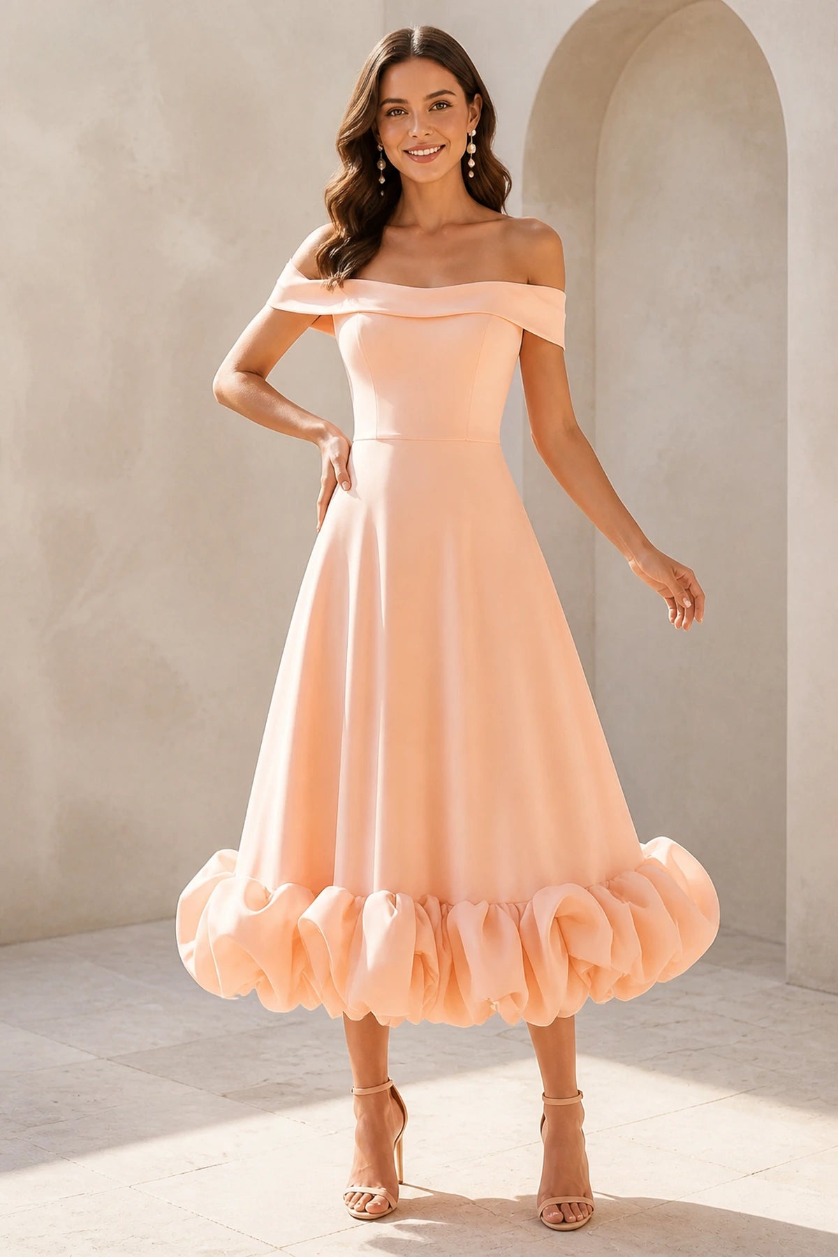 Graceprom peach off-the-shoulder a-line midi bridesmaid dress with dramatic ruffled hem