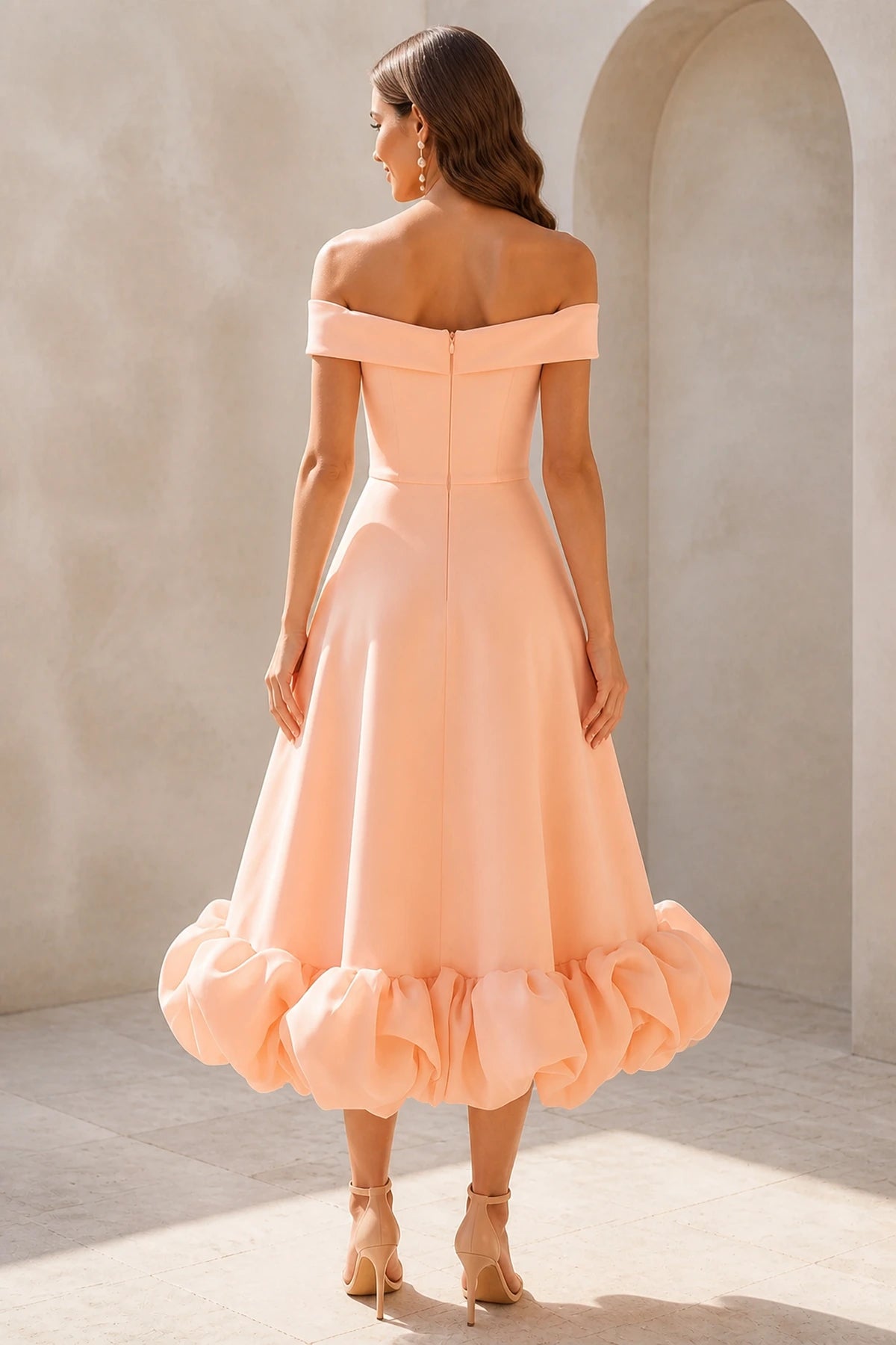 Back view Graceprom peach ruffled off-shoulder midi formal dress with center zipper closure