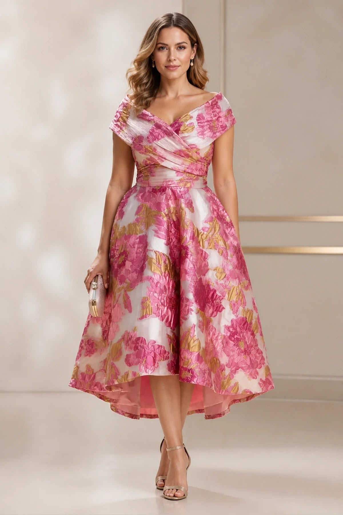Graceprom pink gold floral jacquard plus size wedding guest dress, off shoulder short sleeve hi-low a line formal gown front view