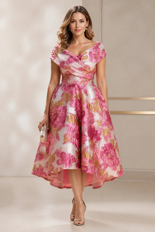 Graceprom pink gold floral jacquard plus size wedding guest dress, off shoulder short sleeve hi-low a line formal gown front view