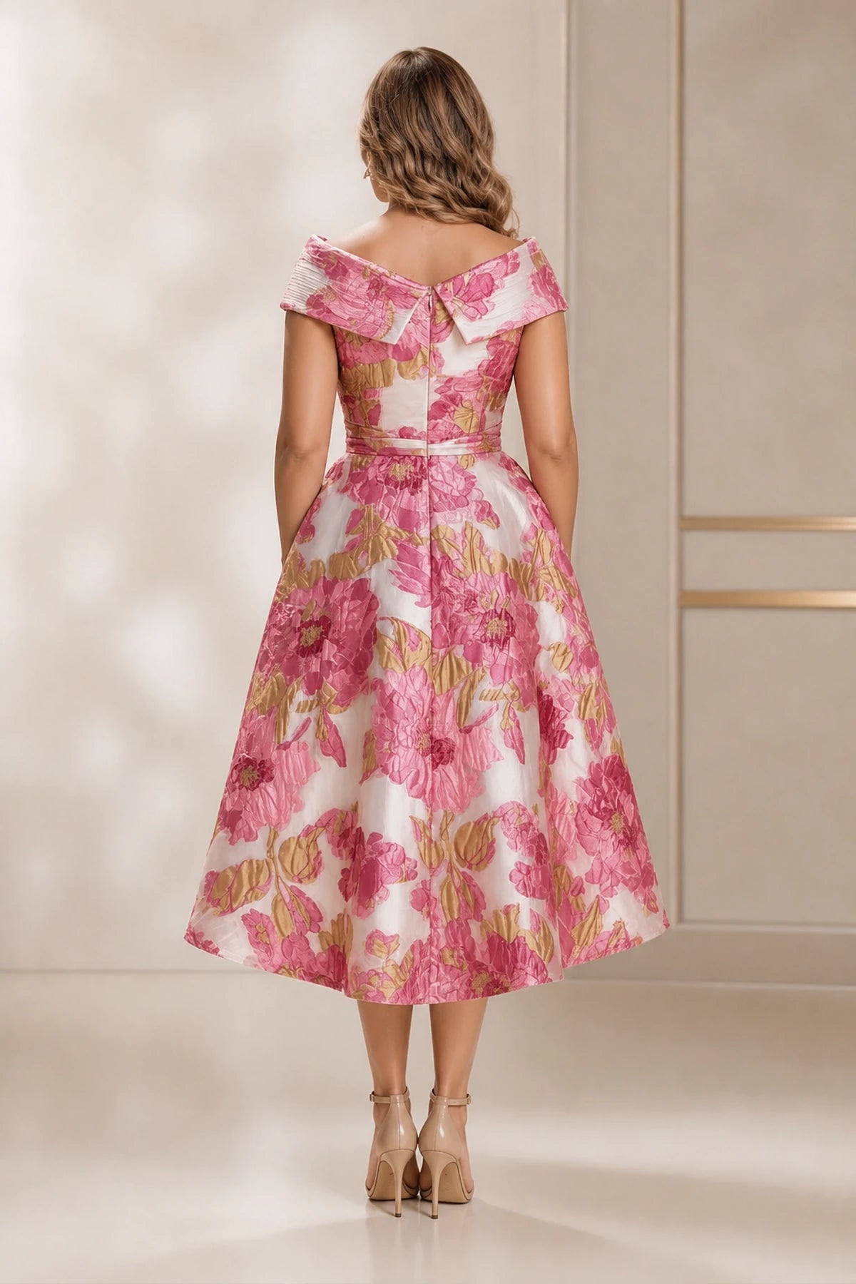 Graceprom plus size floral jacquard wedding guest dress, folded off shoulder back hi-low cocktail gown back view