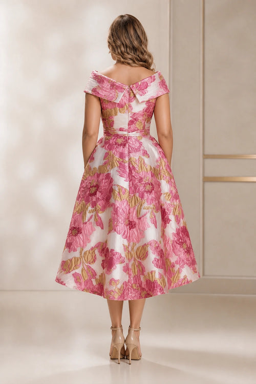 Graceprom plus size floral jacquard wedding guest dress, folded off shoulder back hi-low cocktail gown back view