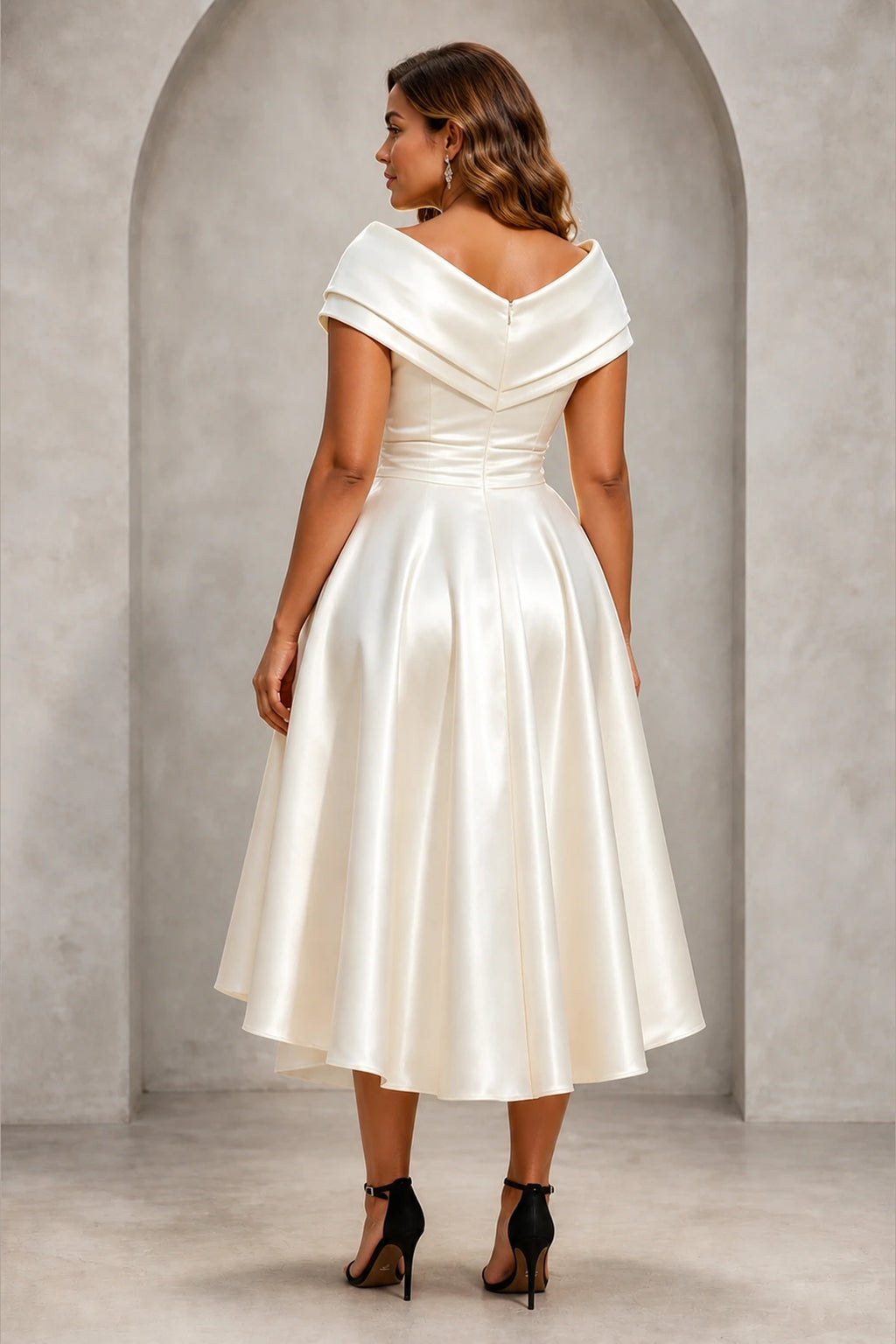 Graceprom plus size off shoulder hi-low satin wedding guest gown, folded v back formal evening dress back view
