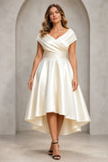 Graceprom plus size champagne satin wedding guest dress, off shoulder short sleeve hi-low a line formal gown front view
