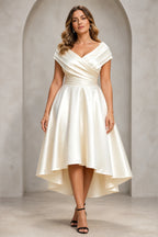 Graceprom plus size champagne satin wedding guest dress, off shoulder short sleeve hi-low a line formal gown front view